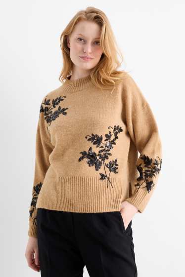 Damen - Pullover mit Stehkragen - Glanz-Effekt - geblümt - beige