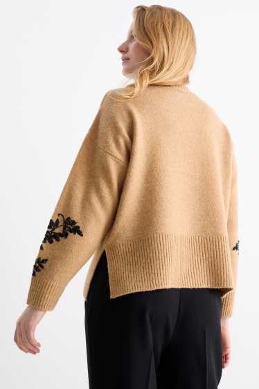 Damen - Pullover mit Stehkragen - Glanz-Effekt - geblümt - beige