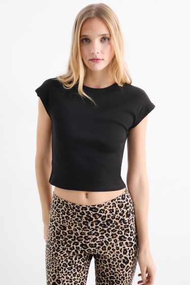 Women - Cropped T-shirt - ribbed - black