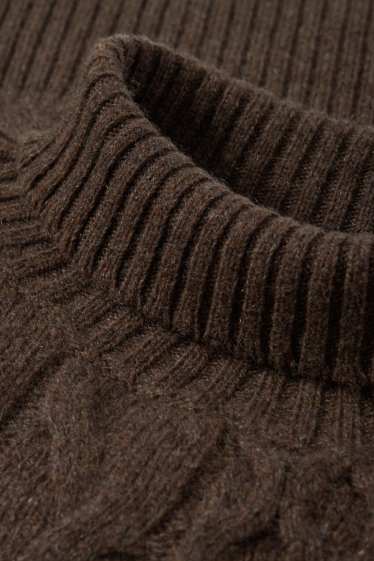 Women - Cashmere jumper with band collar - cable knit pattern - dark brown