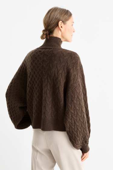 Women - Cashmere jumper with band collar - cable knit pattern - dark brown