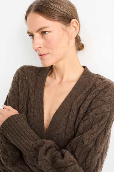 Women - Cashmere cardigan - cable knit pattern - dark brown
