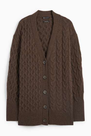 Women - Cashmere cardigan - cable knit pattern - dark brown