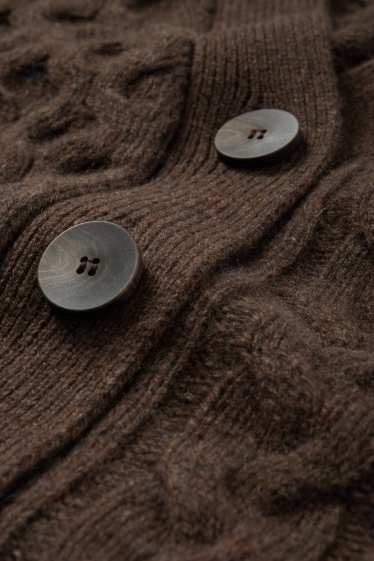 Women - Cashmere cardigan - cable knit pattern - dark brown