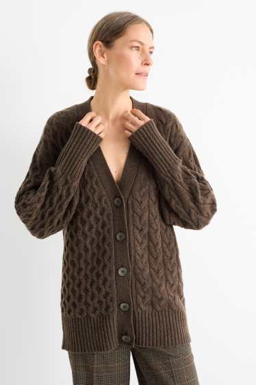 Women - Cashmere cardigan - cable knit pattern - dark brown