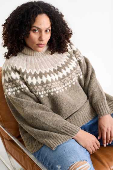 Damen - Rollkragenpullover - gemustert - taupe