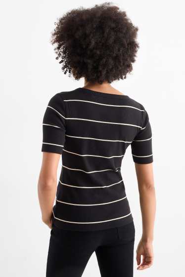 Damen - T-Shirt - gerippt - gestreift - schwarz