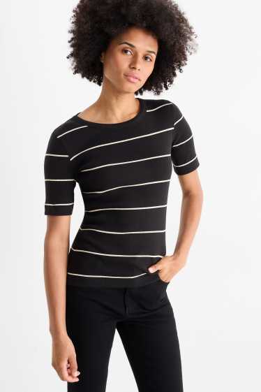 Damen - T-Shirt - gerippt - gestreift - schwarz