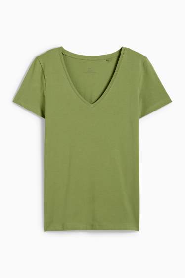 Damen - Basic-T-Shirt mit V-Ausschnitt - Slim Fit - grün