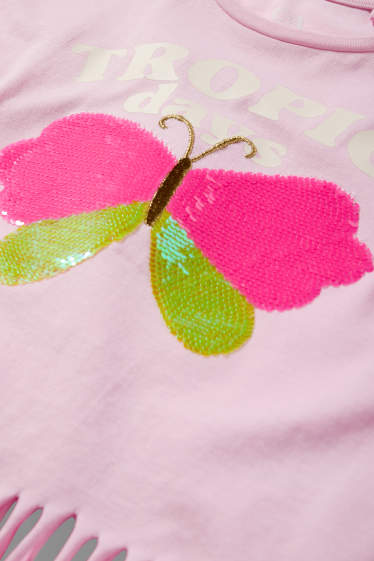 Kinderen: meisjes - Vlinder - set - T-shirt, fietsbroek en tasje - fuchsiarood