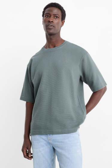 Hommes - T-shirt - relaxed fit - côtelé - vert foncé