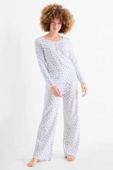 Dames - Pyjama - gebloemd - crème wit