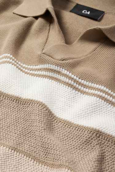 Heren - Gebreid poloshirt - gestreept - met structuur - taupe