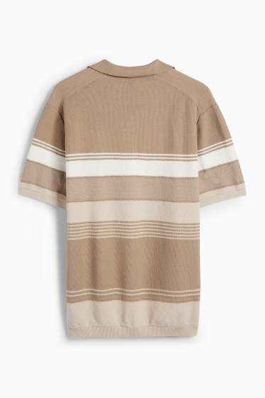 Heren - Gebreid poloshirt - gestreept - met structuur - taupe