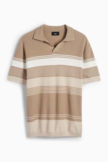 Heren - Gebreid poloshirt - gestreept - met structuur - taupe