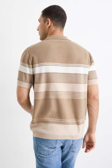 Heren - Gebreid poloshirt - gestreept - met structuur - taupe