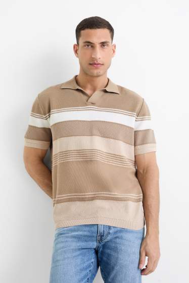 Heren - Gebreid poloshirt - gestreept - met structuur - taupe
