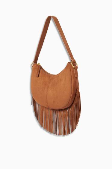 Donna - Borsa a tracolla con frange - similpelle scamosciata - marrone chiaro