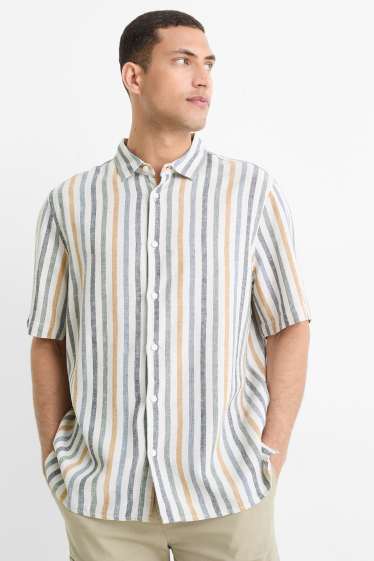 Men - Shirt - regular fit - kent collar - linen blend - striped - cremewhite