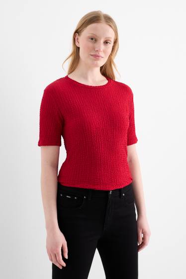 Dames - T-shirt - regular fit - met structuur - donkerrood