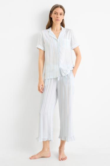 Donna - Pigiama di viscosa - a righe - bianco / azzurro