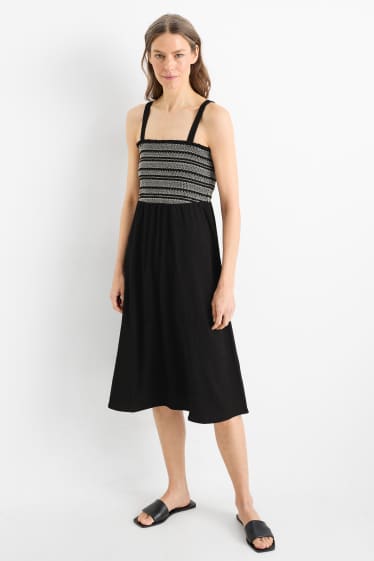 Damen - Fit & Flare Kleid - strukturiert - gesmokt - schwarz