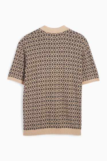 Men - Knitted polo shirt - patterned - black / beige