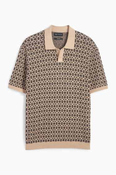 Men - Knitted polo shirt - patterned - black / beige