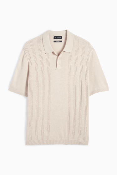 Men - Knitted polo shirt - textured - light beige