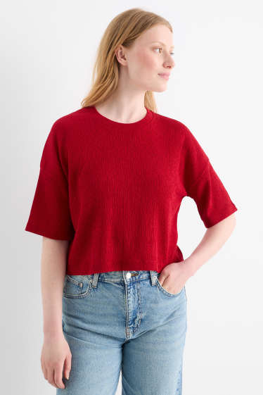 Women - T-shirt - relaxed fit - textured - dark red
