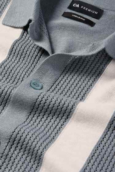 Herren - Strick-Poloshirt - Leinen-Mix - gestreift - strukturiert - blau / weiss