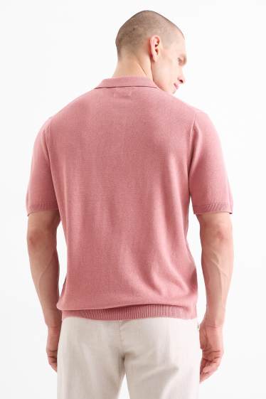 Men - Knitted polo shirt - textured - dark rose