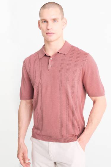 Men - Knitted polo shirt - textured - dark rose