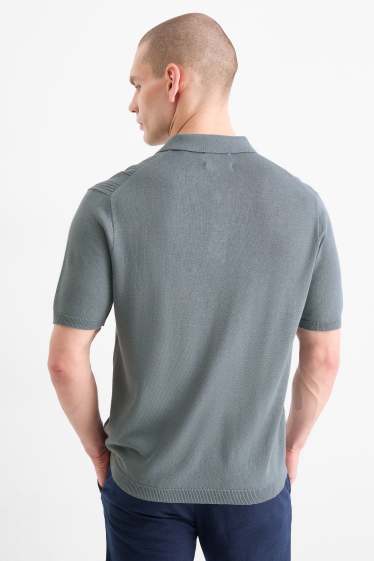 Men - Knitted polo shirt - textured - blue