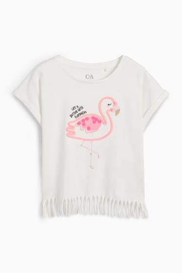 Copii - Fete - Flamingo - tricou cu mânecă scurtă cu franjuri - alb