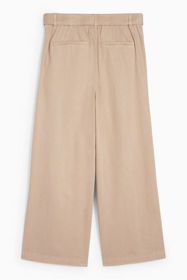 Dámské - Plátěné kalhoty s páskem - high waist - wide leg - světle hnědá