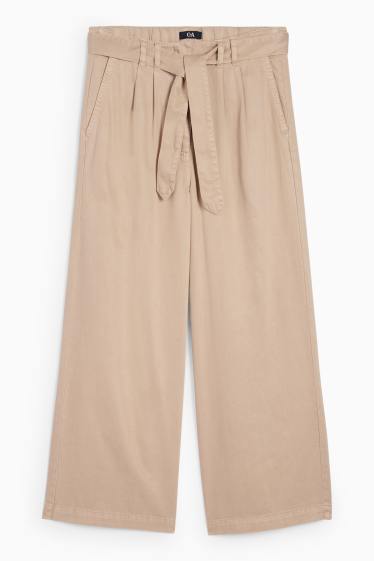 Dámské - Plátěné kalhoty s páskem - high waist - wide leg - světle hnědá