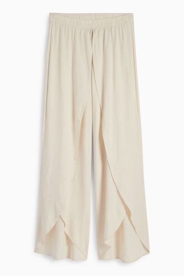 Dámské - Plátěné kalhoty - mid waist - wide leg - světle béžová