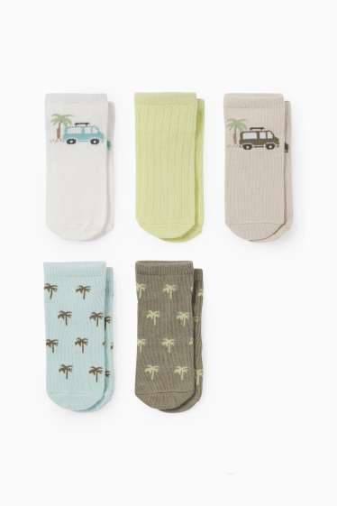 Baby: jongens - Set van 5 paar - palmboom en bus - sneakersokken met motief - groen