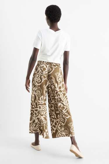 Women - Cloth trousers - high waist - wide leg - floral - beige / brown