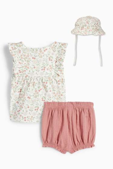 Baby: meisjes - Bloemetjes - babyoutfit - 3-delig - donker rose