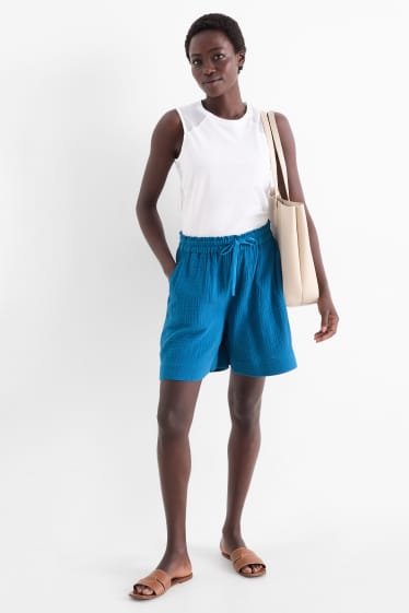 Women - Muslin shorts - high waist - dark blue