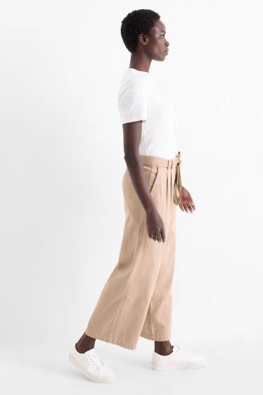 Dámské - Plátěné kalhoty s páskem - high waist - wide leg - světle hnědá