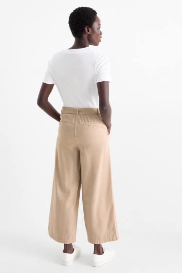 Dámské - Plátěné kalhoty s páskem - high waist - wide leg - světle hnědá