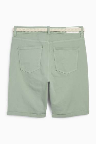 Women - Denim Bermuda shorts with belt - mid-rise waist - green