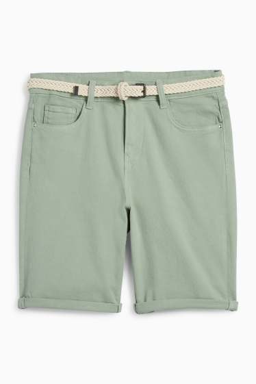 Women - Denim Bermuda shorts with belt - mid-rise waist - green