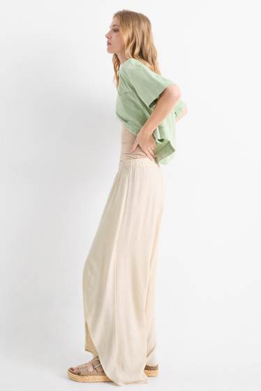 Dámské - Plátěné kalhoty - mid waist - wide leg - světle béžová