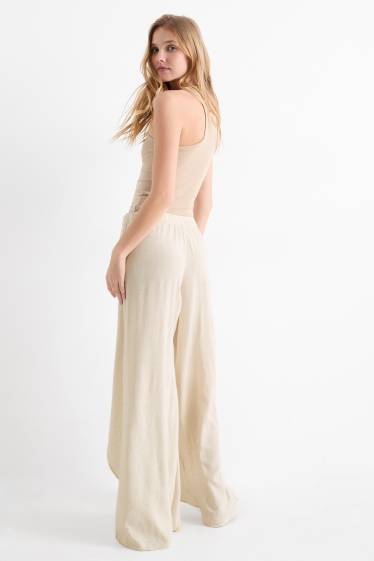 Dámské - Plátěné kalhoty - mid waist - wide leg - světle béžová