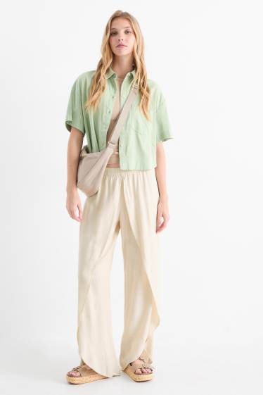 Dámské - Plátěné kalhoty - mid waist - wide leg - světle béžová