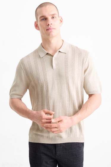 Men - Knitted polo shirt - textured - light beige